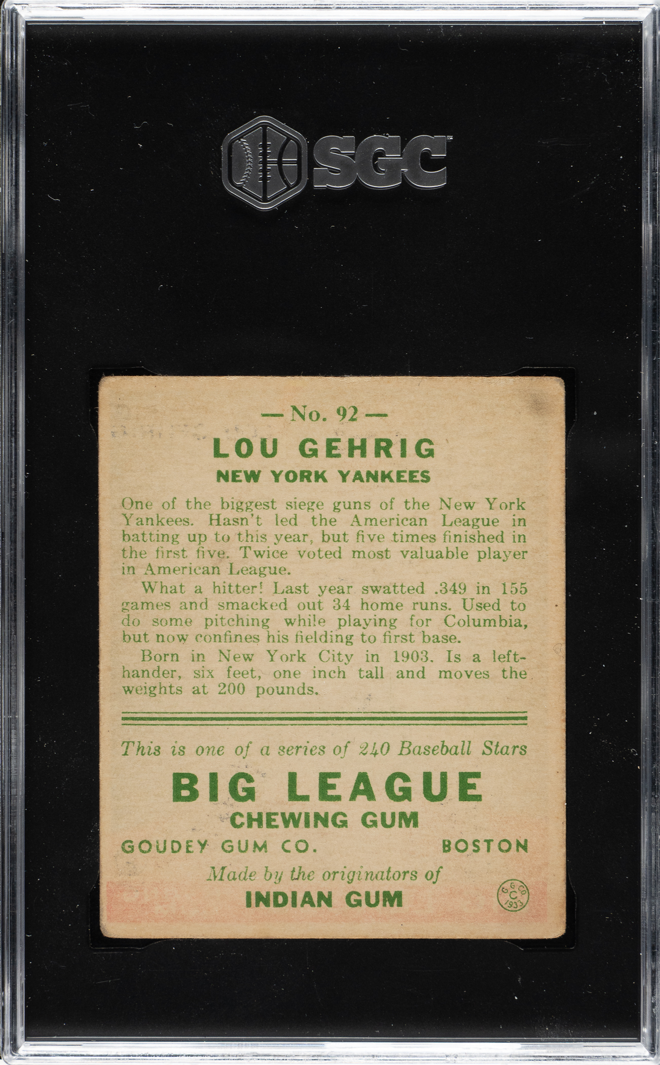 1933 R319 Goudey #92 Lou Gehrig SGC VG+ 3.5 | REA Archive