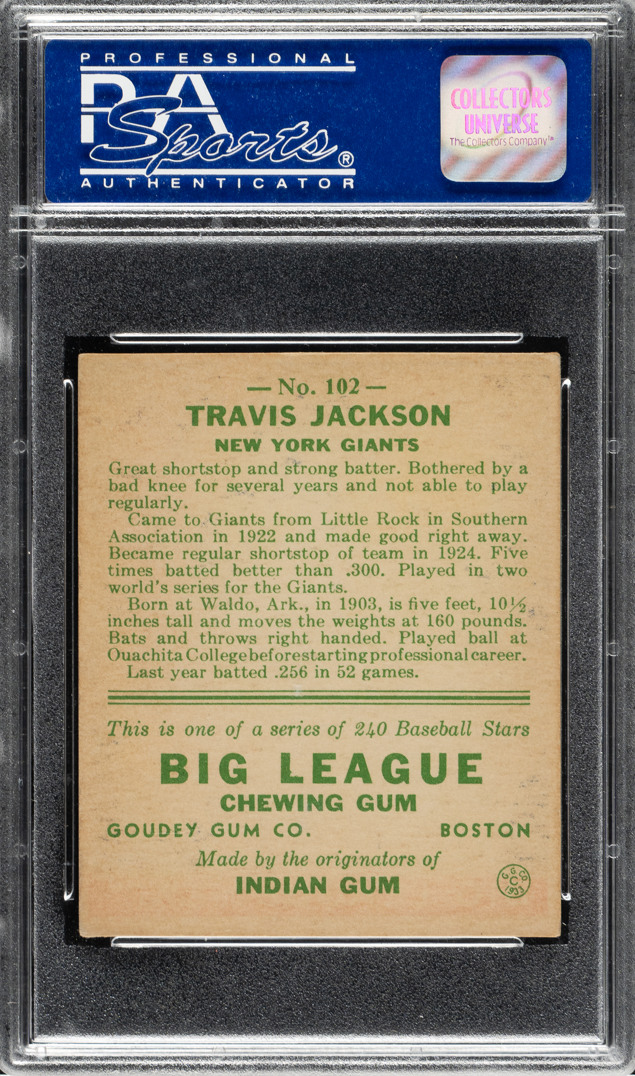 1933 R319 Goudey #102 Travis C. Jackson PSA EX-MT 6 | REA Archive