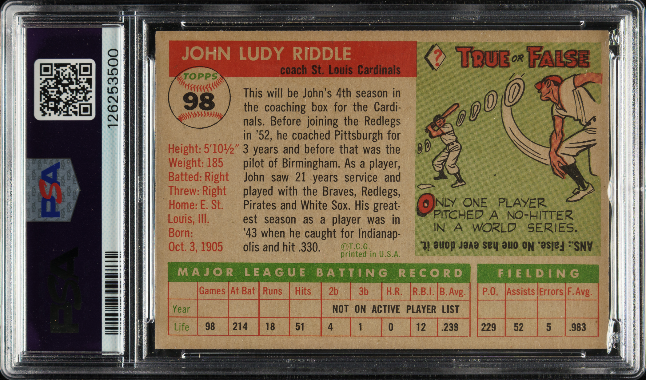 Johnny Riddle Dawn Riddle 1955 Topps #98 Johnny Riddle PSA MINT 9 | REA Archive