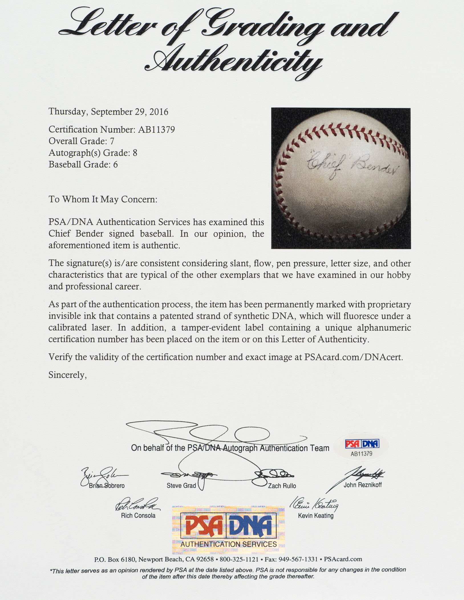 Chief Bender Single-Signed Baseball PSA/DNA NM-MT 8 Autograph Grade ...