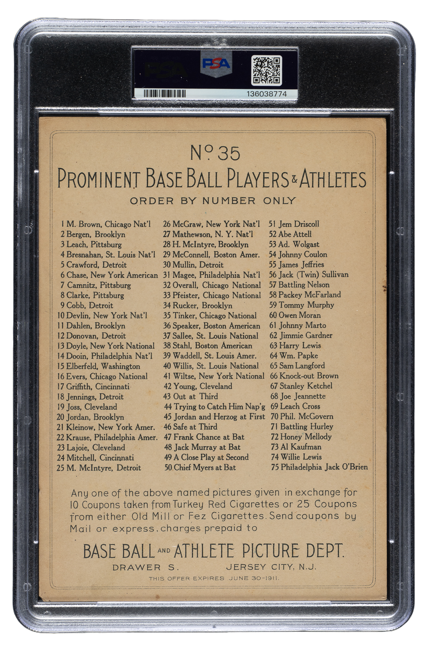1911 T3 Turkey Red #35 Joe Tinker PSA GOOD 2 | REA Archive