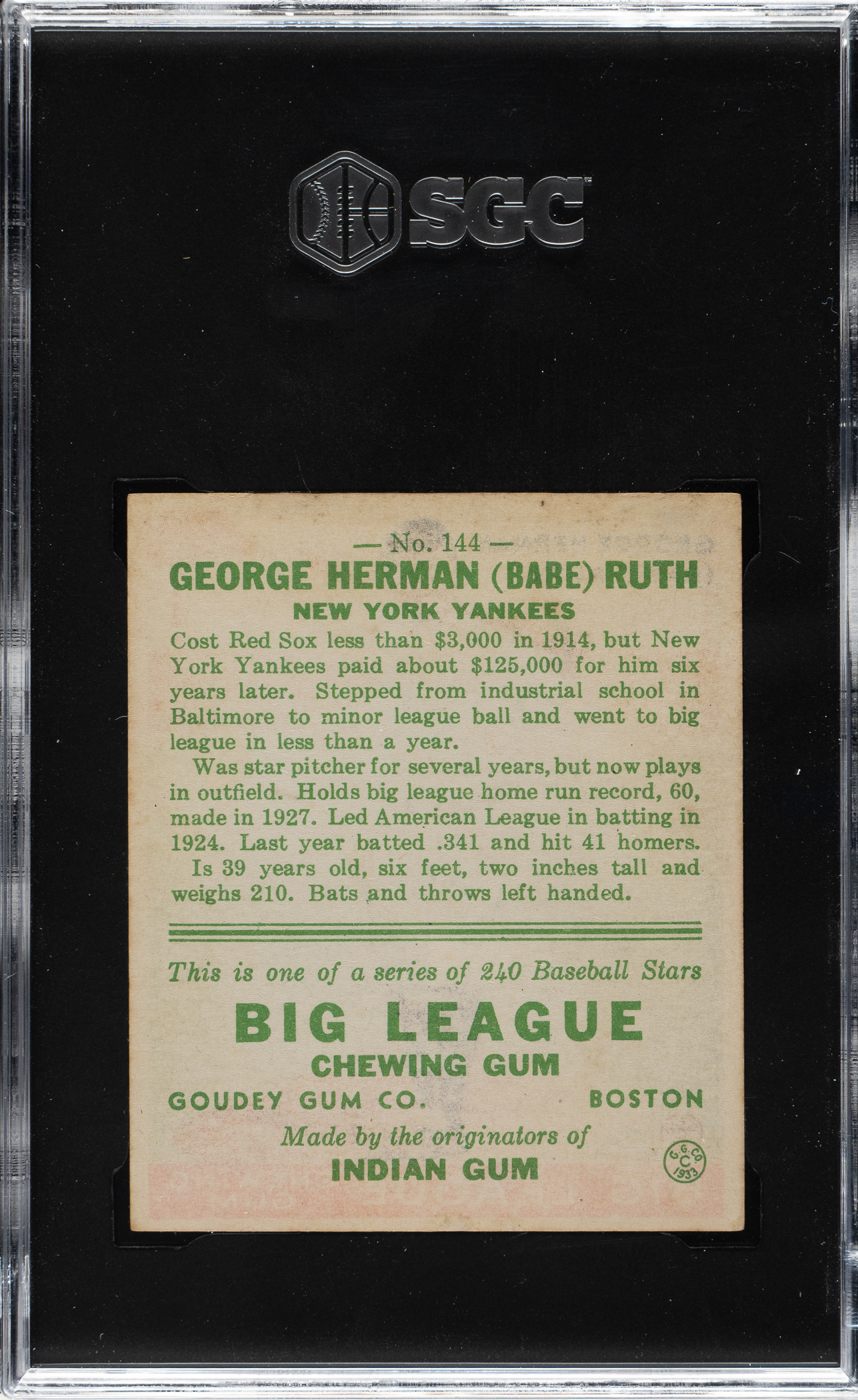 1933 R319 Goudey #144 Babe Ruth SGC VG/EX 4 (MBA Silver Diamond) | REA ...