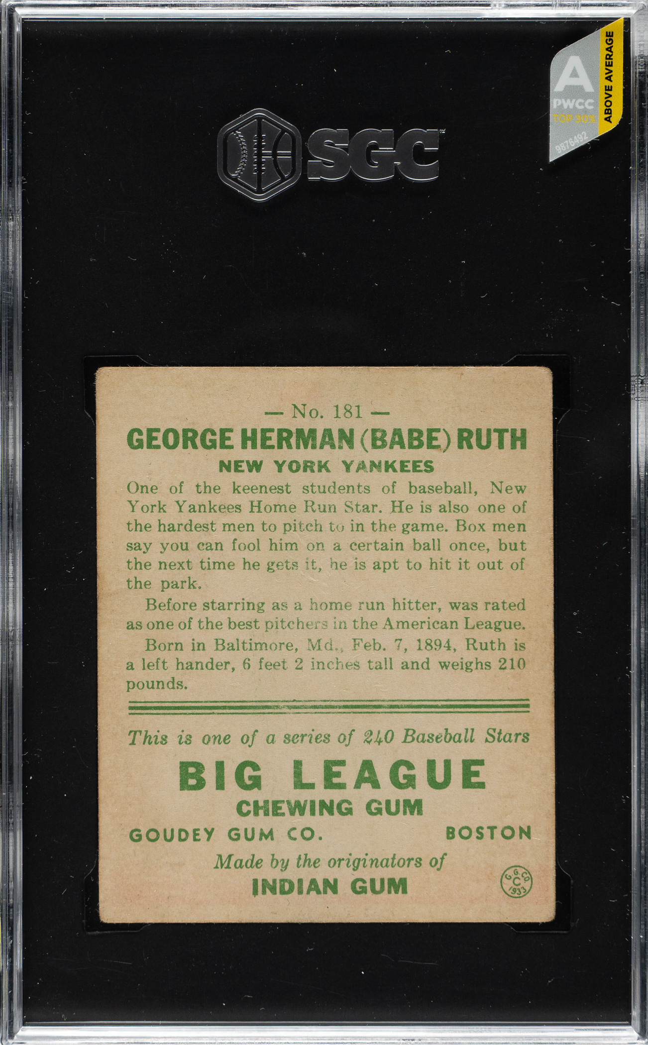 1933 R319 Goudey #181 Babe Ruth SGC VG 3 | REA Archive