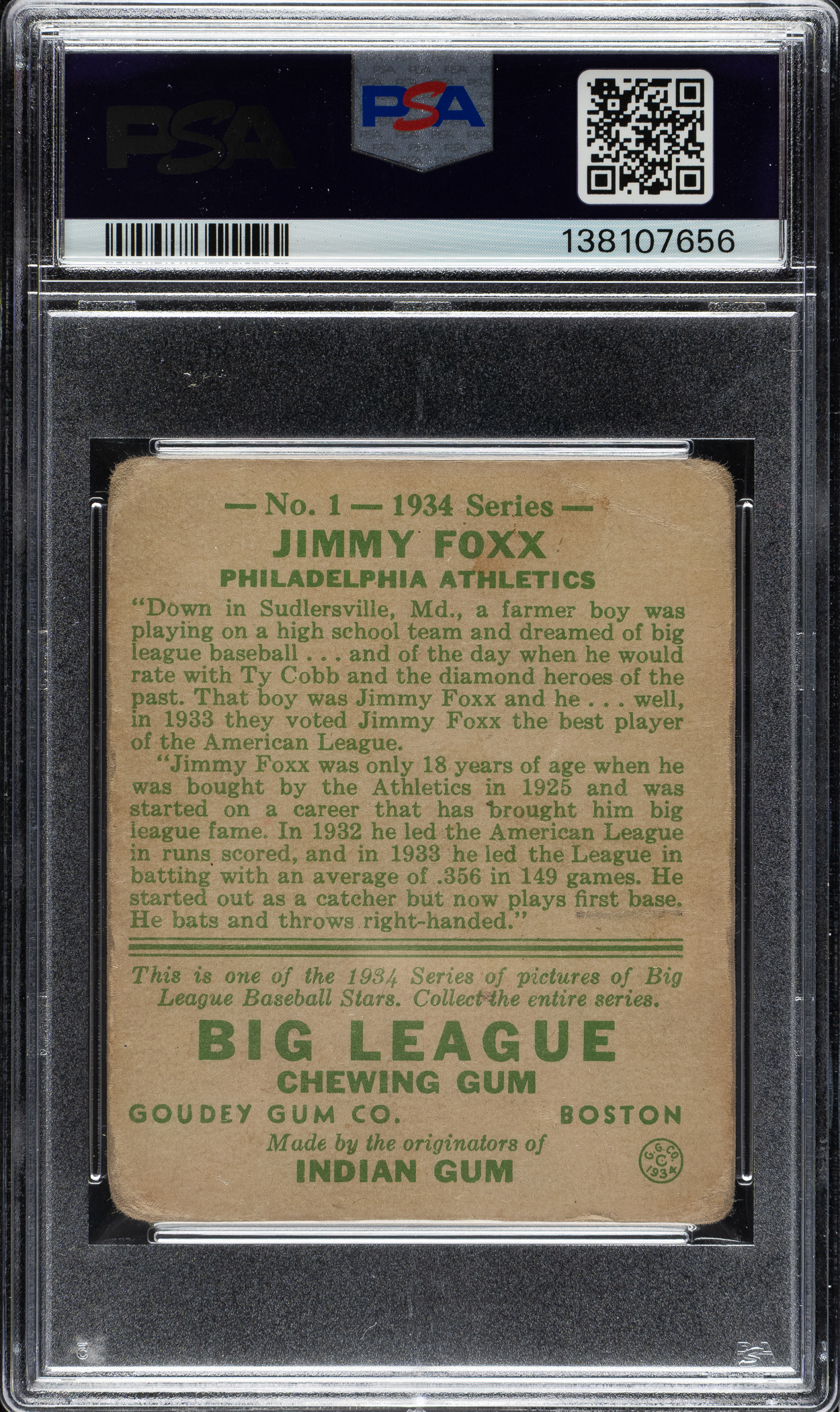フレチャンオーダーページ Signed 1934 R320 Goudey #1 Jimmy Foxx PSA FAIR 1.5 (MK) with NM-MT