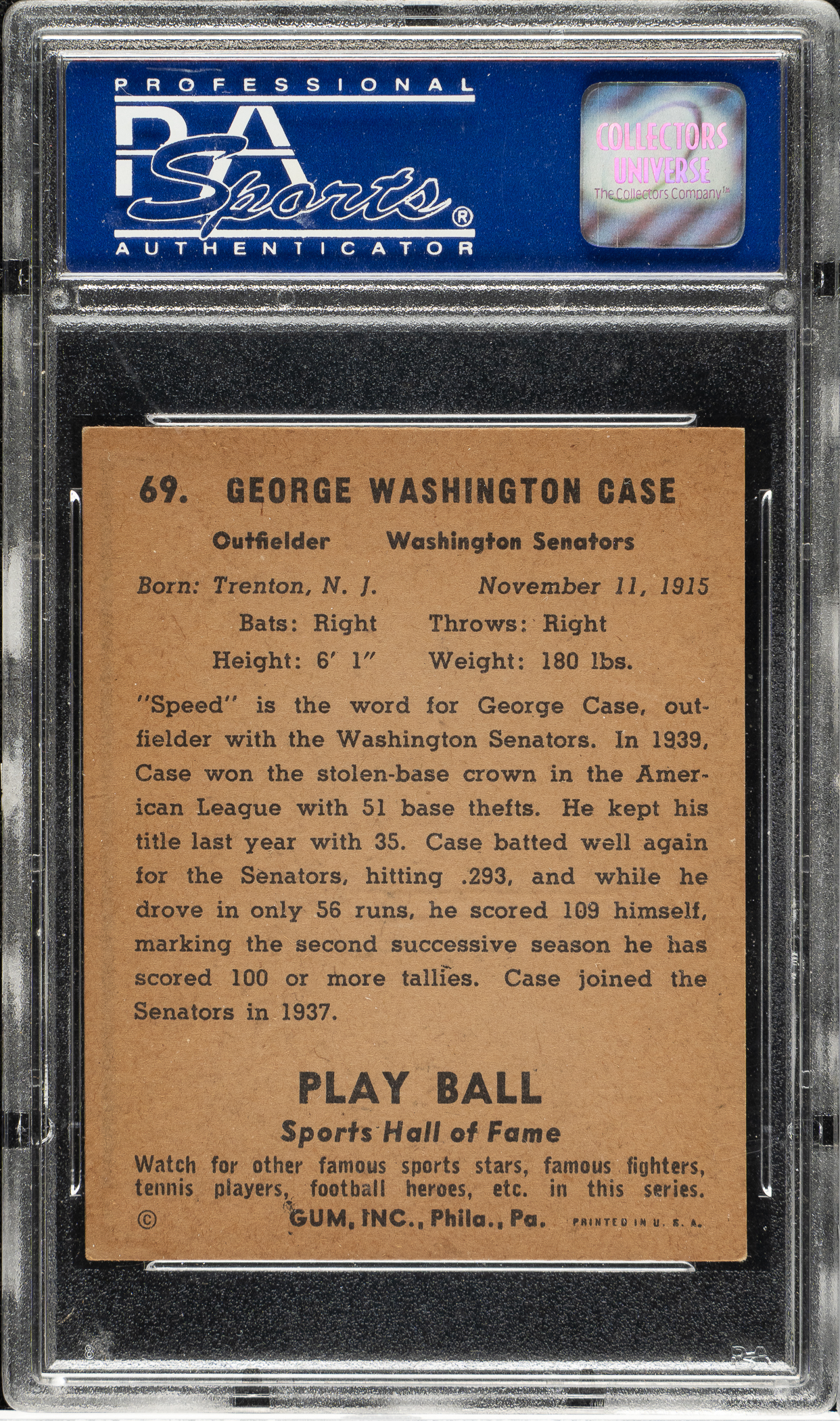 1941 R336 Play Ball #69 George Case PSA NM-MT 8 | REA Archive