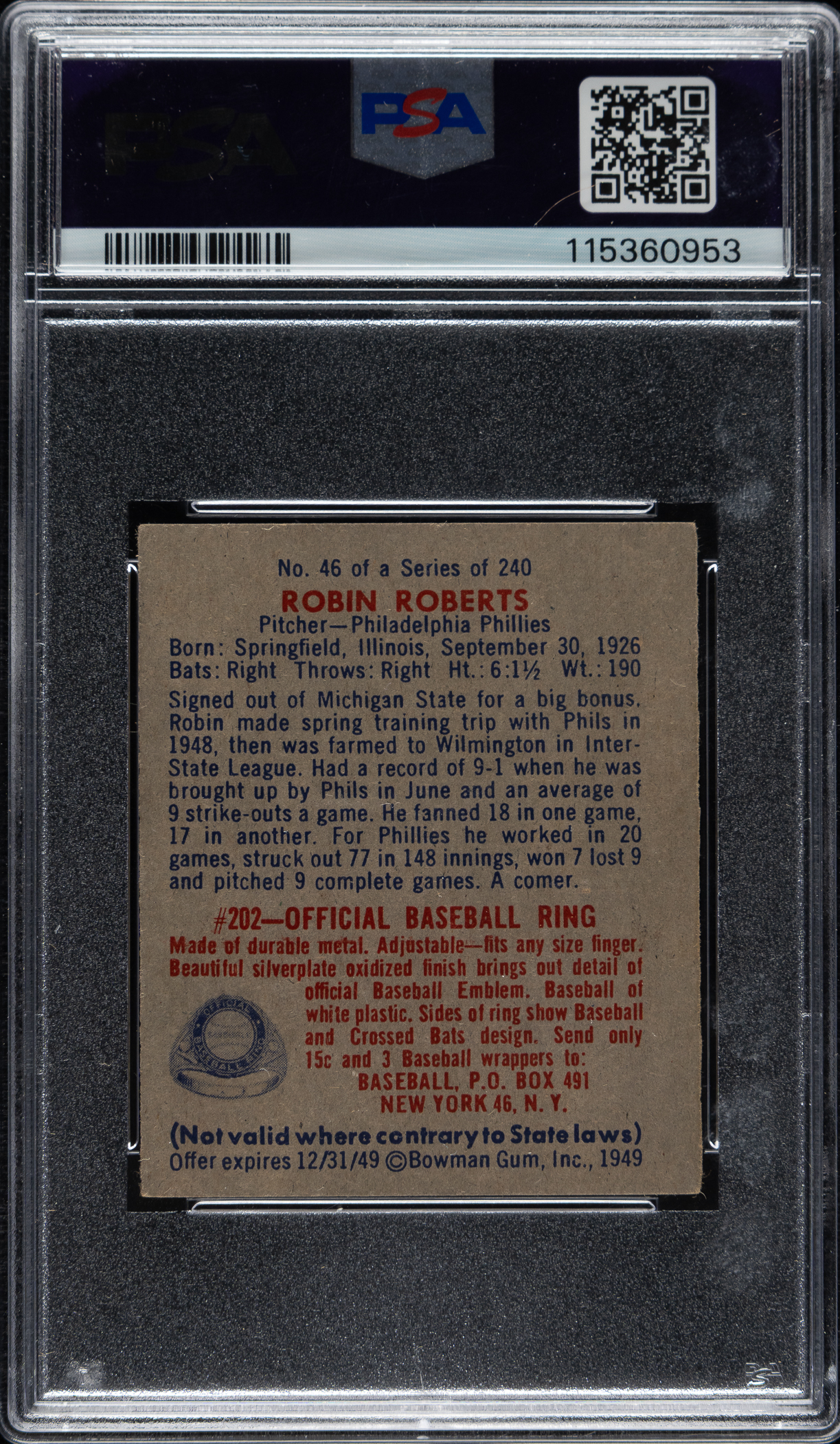 Robin Roberts Rookie 1949 Bowman #46 Robin Roberts Rookie PSA EX-MT 6 | REA Archive